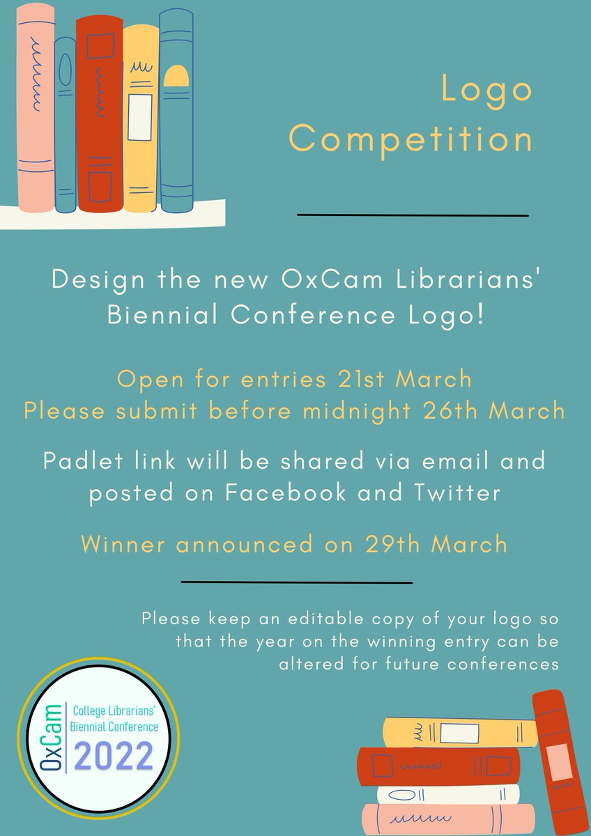 Only 3 days until OxCam 2022!
Please upload competition entries via the Padlet links below before midnight on Saturday for the chance to win. Instructions can be found on the Padlets.
Bake Off:
padlet.com/kma30/6fjcfv52…
Logo Competition: 
padlet.com/kma30/mhzbmjys…

#OxCamLibs2022