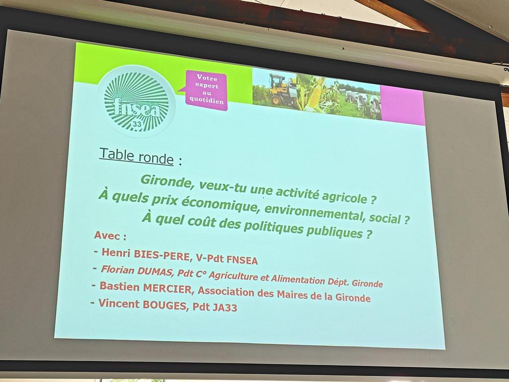 AG <a href="/FNSEA33/">FNSEA de la Gironde</a> - Table ronde : "Quelle activité #agricole demain ? A quels coûts ?" ac <a href="/henribiespere/">Henri Bies-Péré</a>, VP #FNSEA, <a href="/vincentbouges/">Vincent Bougès</a> Président <a href="/JA_Gironde/">Jeunes Agriculteurs 33</a>, Bastien Mercier <a href="/l_amf/">AMF | Association des maires de France</a> 33 et Jean-Samuel Eynard Président <a href="/FNSEA33/">FNSEA de la Gironde</a> #économie #environnement #prix