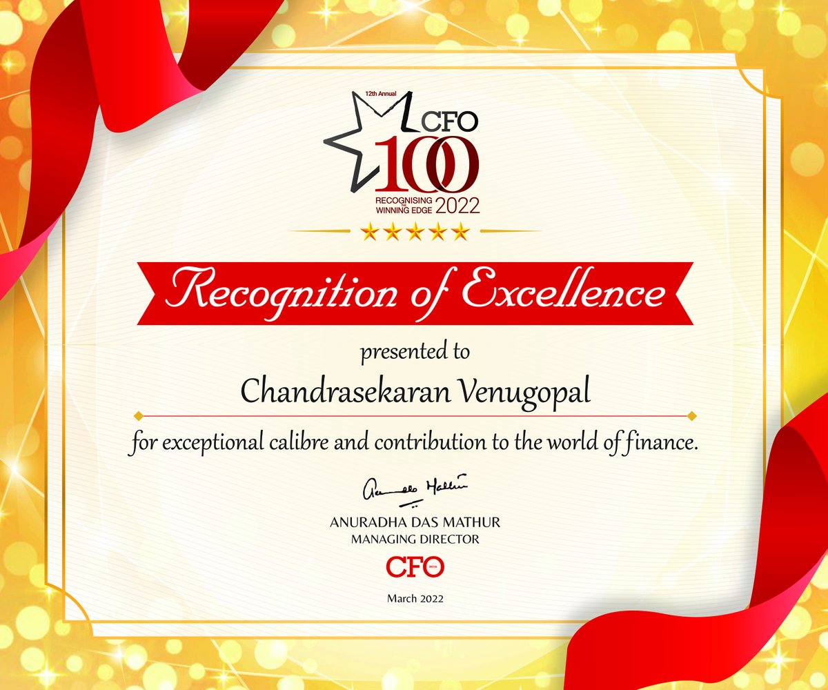 Congratulations Mr.Chandrasekaran Venugopal for being recognized as a top 100 senior finance professional in India, earning the title of CFO 100 Roll of Honour at the 12th Annual CFO100 Virtual Conference &amp; Felicitation Ceremony.

#cfo #awards #finance #kaartech #peopleofkaartech