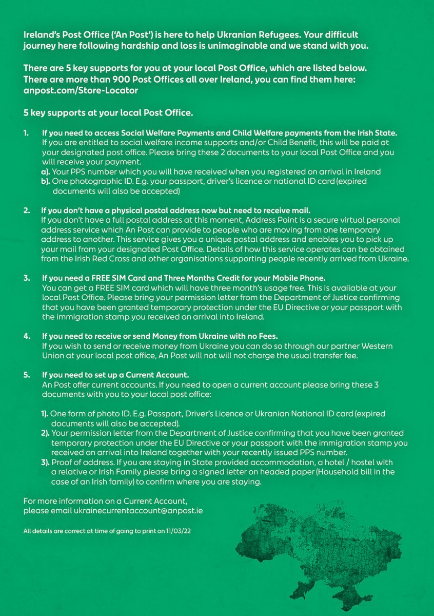 Postvox's tweet photo. An Post are here to help people coming from Ukraine to Ireland. Here are five key supports available to you at your local Post Office. https://t.co/XiY8lEJyjx