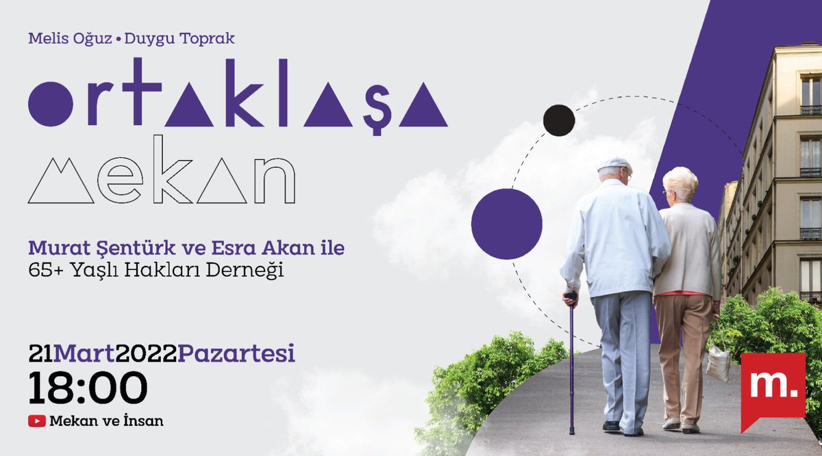 Bu akşam 18:00'de <a href="/MelisOguz/">Melis Oğuz Çevik</a> ile birlikte <a href="/65YHD/">65+ Yaşlı Hakları Derneği</a> yönetim kurulu üyelerinden Doç. Dr. Murat Şentürk ve Dr. Esra Akan ile sohbet ediyoruz.
<a href="/medyascope/">Medyascope</a> 
#mekanveinsan 

Görsel tasarım <a href="/cihannder_/">Cönder</a>