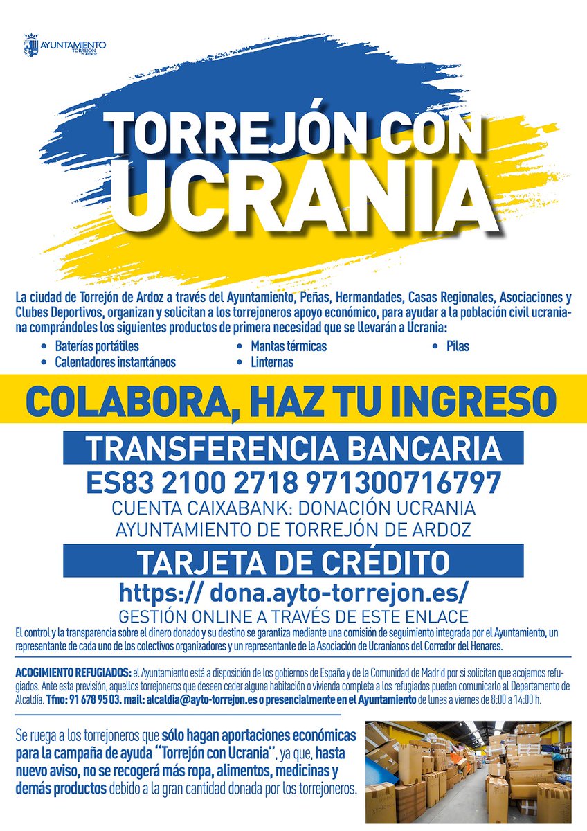 TORREJÓN CON UCRANIA 🇺🇦 | Ya hemos recaudado 75.000 euros para comprar material con destino a Ucrania gracias a la gran solidaridad de los torrejoneros
🎯Próximo objetivo: 100.000 euros
¡Muchas gracias a todos! 👏👏👏
