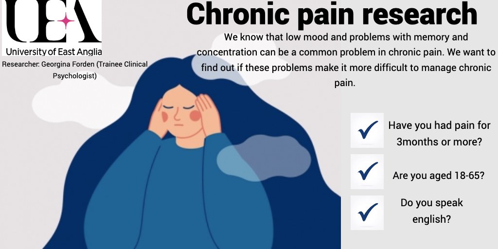 FordenGeorgina's tweet photo. Are you affected by chronic pain? We know that low mood and difficulties with memory and attention are common in chronic pain and we want to know if these problems make it harder to manage chronic pain.
For more info and to take part: https://t.co/CFkjYAuWSn
#ChronicPain https://t.co/dPt8kJnsCx