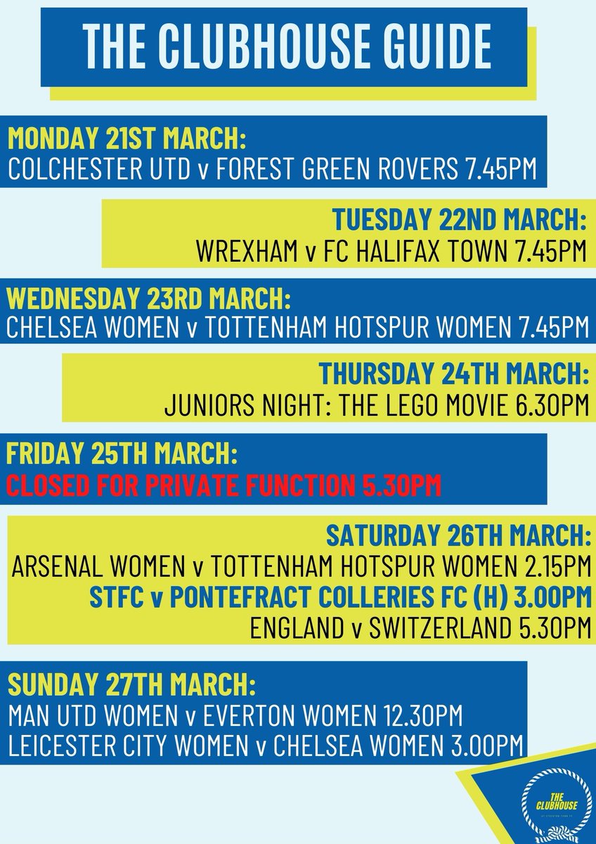 stockton_townfc's tweet photo. ⚽️ 𝗧𝗛𝗘 𝗖𝗟𝗨𝗕𝗛𝗢𝗨𝗦𝗘 𝗚𝗨𝗜𝗗𝗘
Here's a look at the weekly guide for the Clubhouse. We've got games on the big screen through the week, as well as other live football at the weekend, and 𝗝𝘂𝗻𝗶𝗼𝗿𝘀 𝗡𝗶𝗴𝗵𝘁 continues on Thursday.
#UTA⚓️ #TheClubhouse #WeeklyGuide https://t.co/57zPGOpxzM
