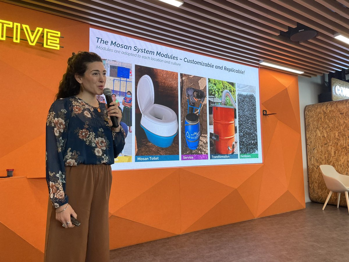 Next meet the innovator is Mona Mijthab from @mosan_ch talking about their system providing toilets for communities where there is no sanitation infrastructure, converting the waste matter into fertiliser, freeing water up for consumption @expolivesocial #waterweek