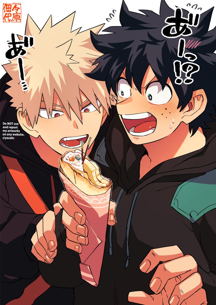 bakugou katsuki ,midoriya izuku freckles multiple boys 2boys male focus open mouth blonde hair spiked hair  illustration images