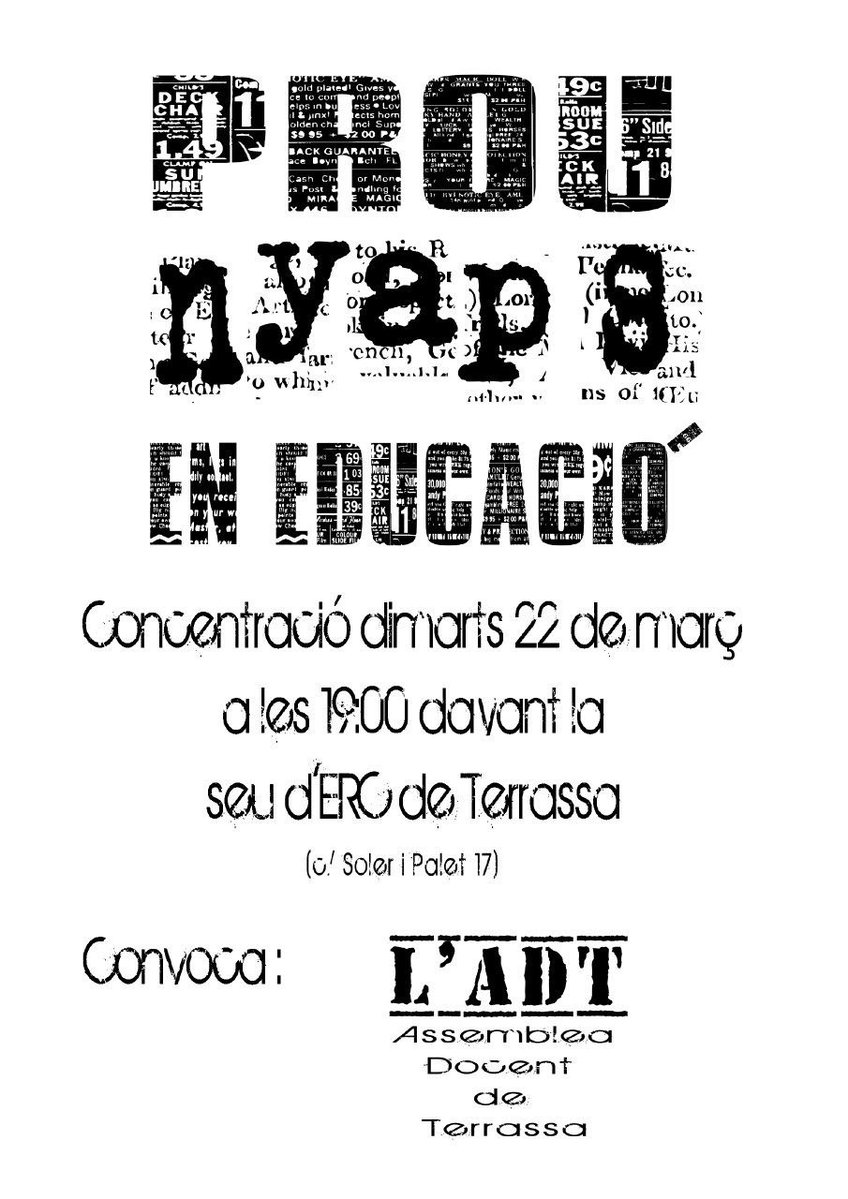 assembleagroga's tweet photo. L'Assemblea Docent de Terrassa convoca, per dimarts 22, una concentració davant la seu d'@Esquerra_ERC per protestar contra les polítiques educatives de Cambray i @PereAragones.

Prou nyaps en Educació!

#VagaEducació https://t.co/QxBrx5Gg9X