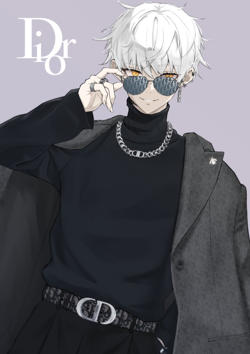 1boy jewelry male focus solo white hair belt earrings  illustration images
