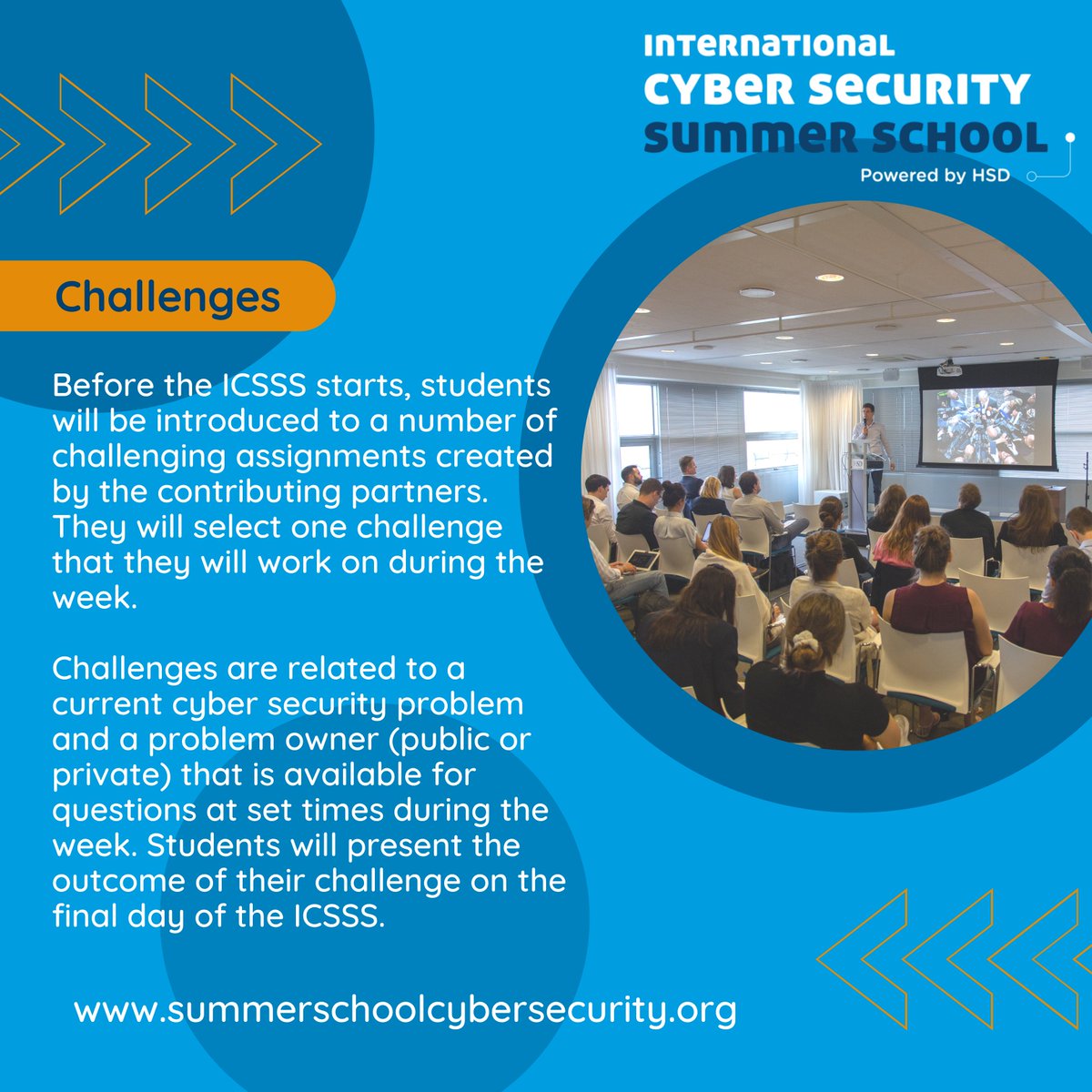 Throughout the duration of the #ICSSS, #students work on problems in the #cybersecurity realm identified by the contributing partners. The students must develop an appropriate solution to these challenges, which they will present to everyone at the end of the week.

Sign up now!