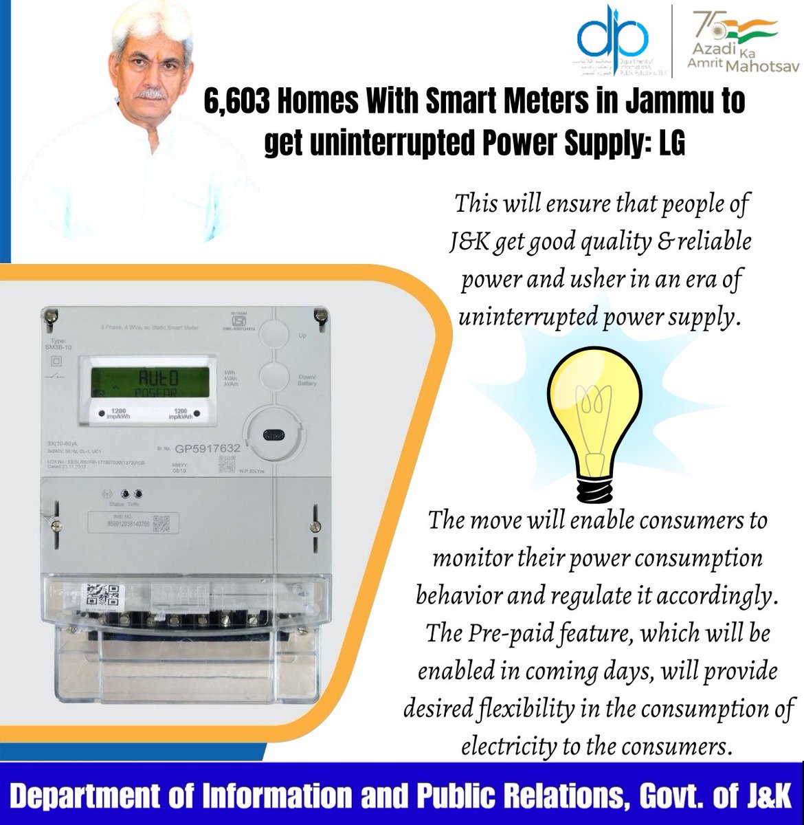 pddjkofficial's tweet photo. #ShiningJK
6,603 Homes With Smart Meters in Jammu to get uninterrupted Power Supply: LG Manoj Sinha
@OfficeOfLGJandK @mygovindia @PIBSrinagar @JPDCLofficial @KPDCLOfficial @MinOfPower https://t.co/d1wsZoMEYr