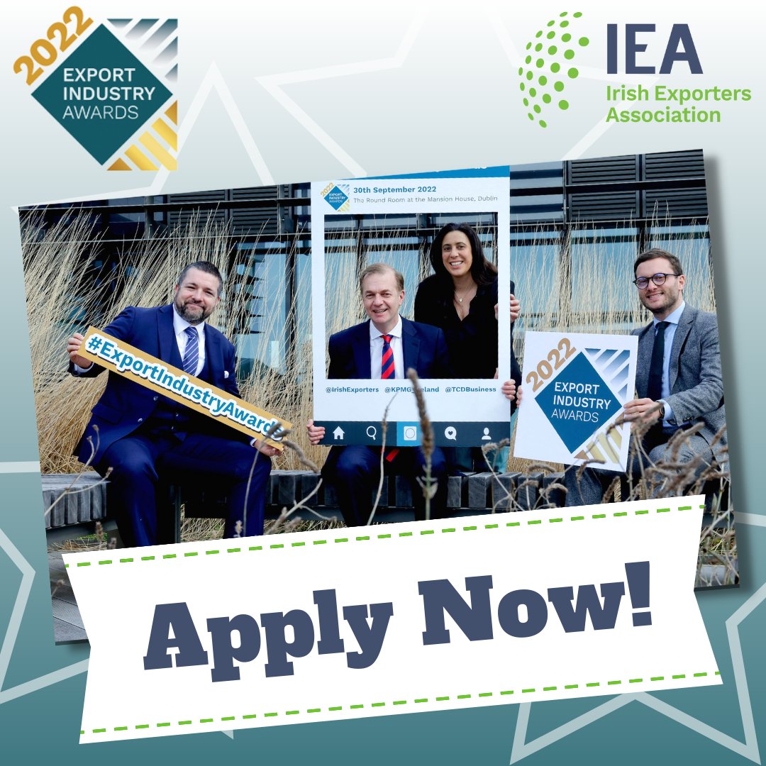 Irish Exporters (@irishexporters) on Twitter photo The #IEAExportAwards are back! We are proud to announce the #ExportIndustryAwards 2022 are now open! For more info & to apply, click here bit.ly/3qlGIbu
Thank you to our sponsors <a href="/KPMG_Ireland/">KPMG Ireland</a> <a href="/TCDBusiness/">Trinity Business School</a> <a href="/Bordbia/">Bord Bia - The Irish Food Board</a> <a href="/DixonTransport/">Dixon International</a> <a href="/Entirl/">Enterprise Ireland</a> <a href="/SunTimesIreland/">LGB Matters</a> <a href="/IST_education/">Institute of Sustainable Trade (IST)</a> The #IEAExportAwards are back! We are proud to announce the #ExportIndustryAwards 2022 are now open! For more info & to apply, click here bit.ly/3qlGIbu
Thank you to our sponsors <a href="/KPMG_Ireland/">KPMG Ireland</a> <a href="/TCDBusiness/">Trinity Business School</a> <a href="/Bordbia/">Bord Bia - The Irish Food Board</a> <a href="/DixonTransport/">Dixon International</a> <a href="/Entirl/">Enterprise Ireland</a> <a href="/SunTimesIreland/">LGB Matters</a> <a href="/IST_education/">Institute of Sustainable Trade (IST)</a>