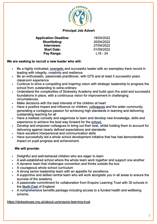 We are looking for a new Principal to join Stokesley Primary Academy from September 2022. For more information, our application pack and how to apply, visit our website at; enquirelearningtrust.org/job-vacancies/…
