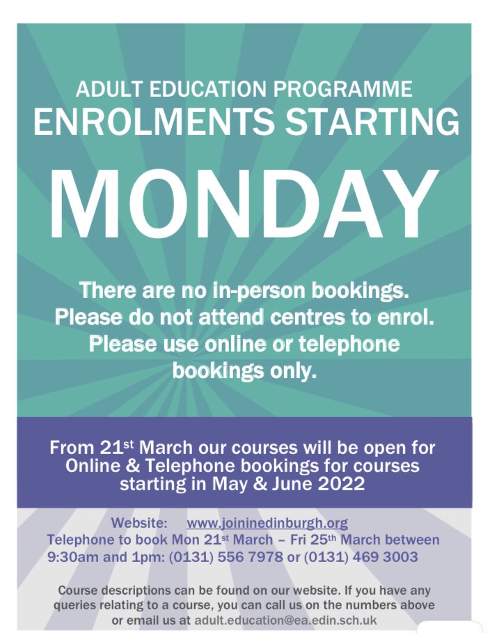 AepEdinburgh's tweet image. Spring is in the air 🌼 so it’s time to think about courses on offer with @AepEdinburgh 
We have a range of interesting outdoor, online and centre based options to choose from 😃
Enrol this week online or by telephone 📱 ☎️ 📞  #Edinburgh #adulted #springcourses