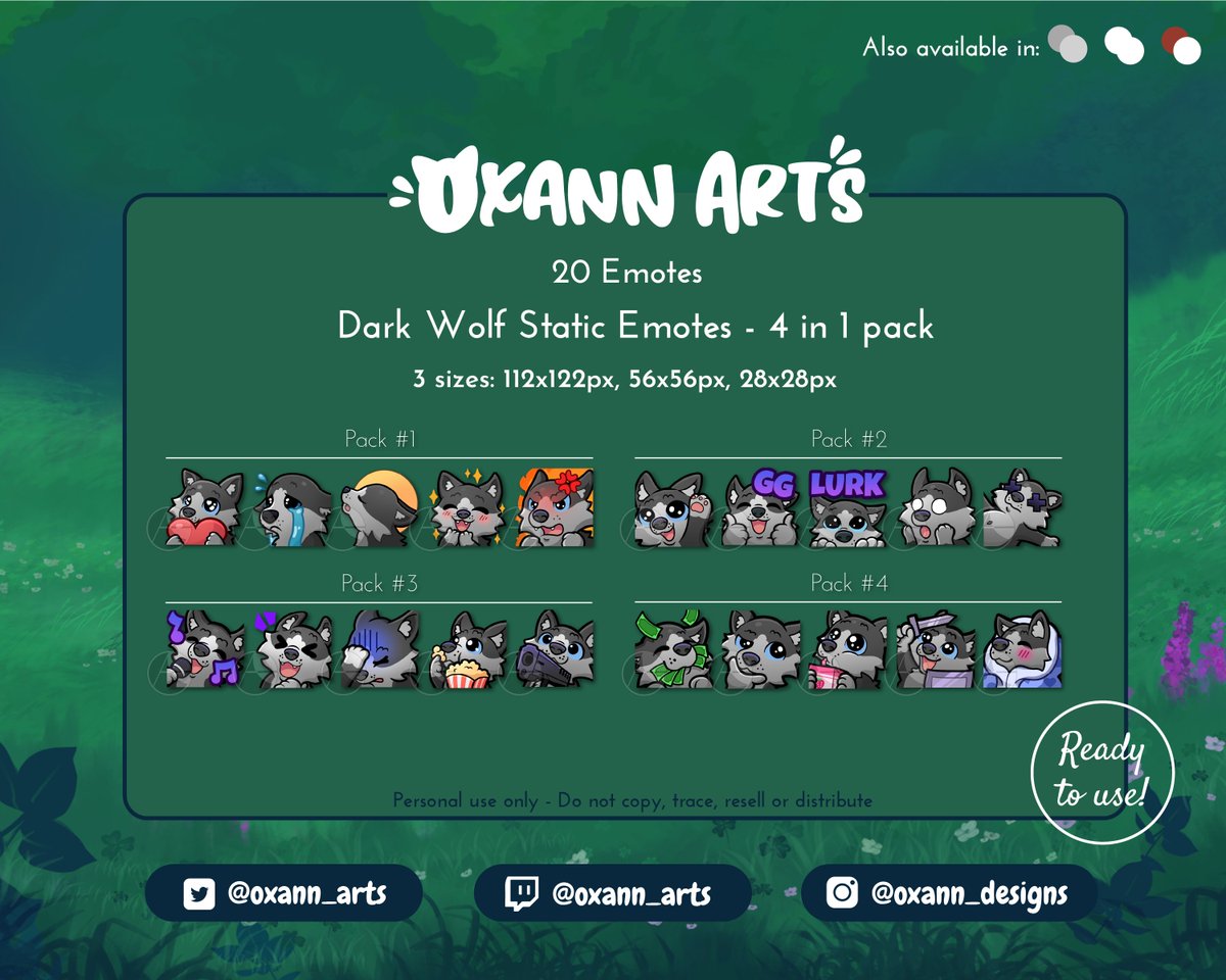 oxann_arts's tweet photo. You can now buy 4 in 1 wolf emotes pack on my shop!
https://t.co/VBY8Vs7MGy
#emoteartist #twitchemotes #wolfstreamer #wolfart https://t.co/4KOjxhIQFa