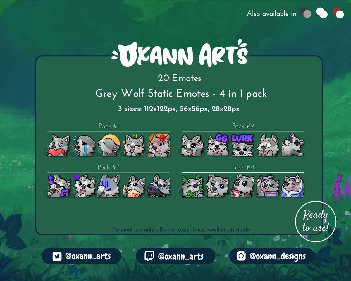 oxann_arts's tweet photo. You can now buy 4 in 1 wolf emotes pack on my shop!
https://t.co/VBY8Vs7MGy
#emoteartist #twitchemotes #wolfstreamer #wolfart https://t.co/4KOjxhIQFa