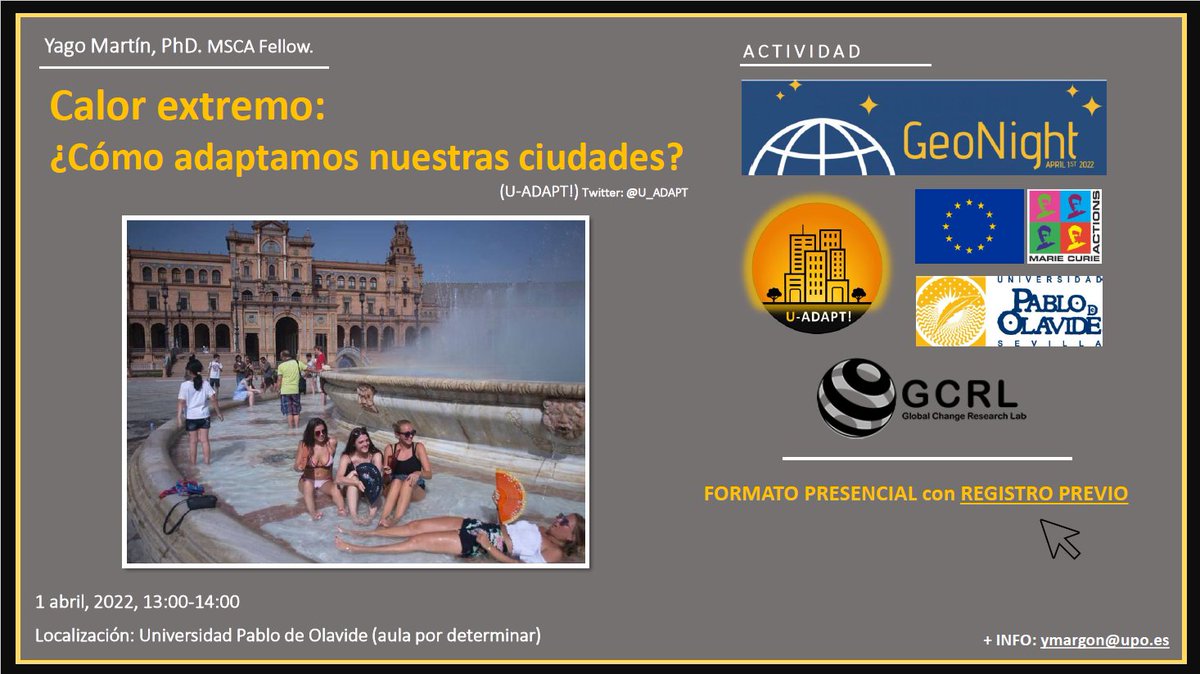🌐Participamos en #GeoNight2022 con distintas actividades!!  
🌞Yago Martín (U-ADAPT) nos explica cómo adaptamos nuestras ciudades al calor extremo 
#OlasDeCalor #CambioClimatico #Adaptacion #Riesgos #Geografía 
🗓️1 de abril
⏰13:00
📍UPO
Inscripción: docs.google.com/forms/d/e/1FAI…