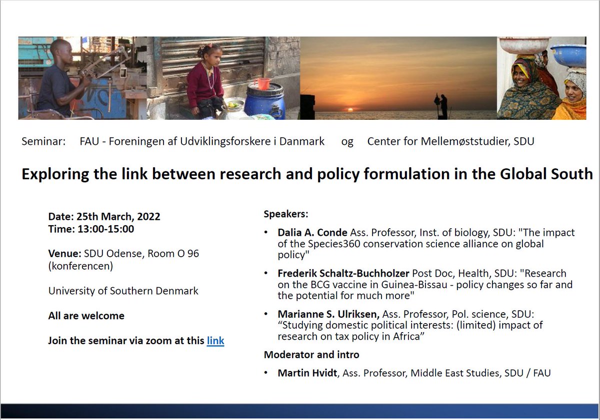 Seminar Friday March 25, 13:00-15:00
Foreningen af Udviklingsforskere and Center for Modern Middle East and Muslim Studies arrange the seminar:
Exploring the link between research and policy formulation in the Global South
All welcome 
Join us at Zoom:   syddanskuni.zoom.us/j/2807047553