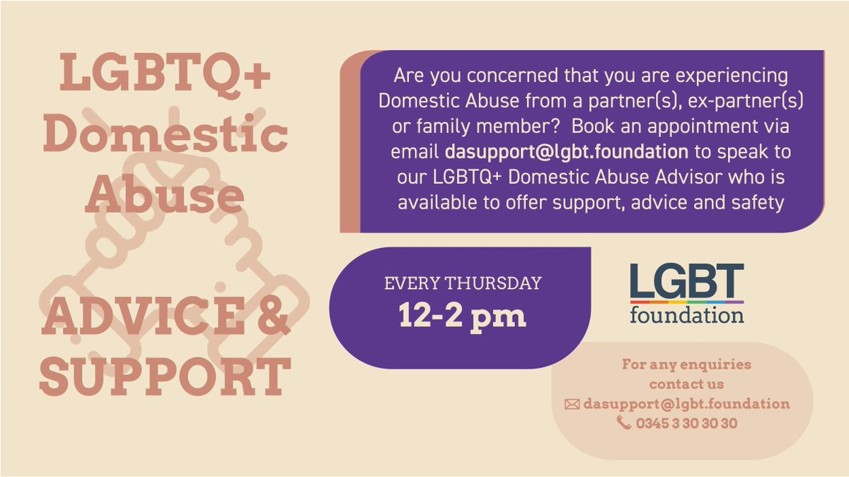Are you concerned that you are experiencing domestic abuse? Book an appointment to speak with a member of our team who can offer support, advice, and safety planning options. #ReclaimYOU 

Book an app via email dasupport@lgbt.foundation today. We’re here for you.