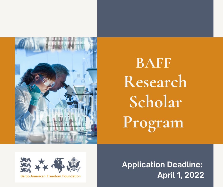 𝐑𝐄𝐌𝐈𝐍𝐃𝐄𝐑! 
Ten days left to apply for 𝐁𝐀𝐅𝐅 𝐑𝐞𝐬𝐞𝐚𝐫𝐜𝐡 𝐒𝐜𝐡𝐨𝐥𝐚𝐫 𝐩𝐫𝐨𝐠𝐫𝐚𝐦.
More information about the Research Scholar program and application procedure: balticamericanfreedomfoundation.org/programs-award…
𝐀𝐩𝐩𝐥𝐢𝐜𝐚𝐭𝐢𝐨𝐧 𝐝𝐞𝐚𝐝𝐥𝐢𝐧𝐞 - 𝐀𝐩𝐫𝐢𝐥 𝟏, 𝟐𝟎𝟐𝟐