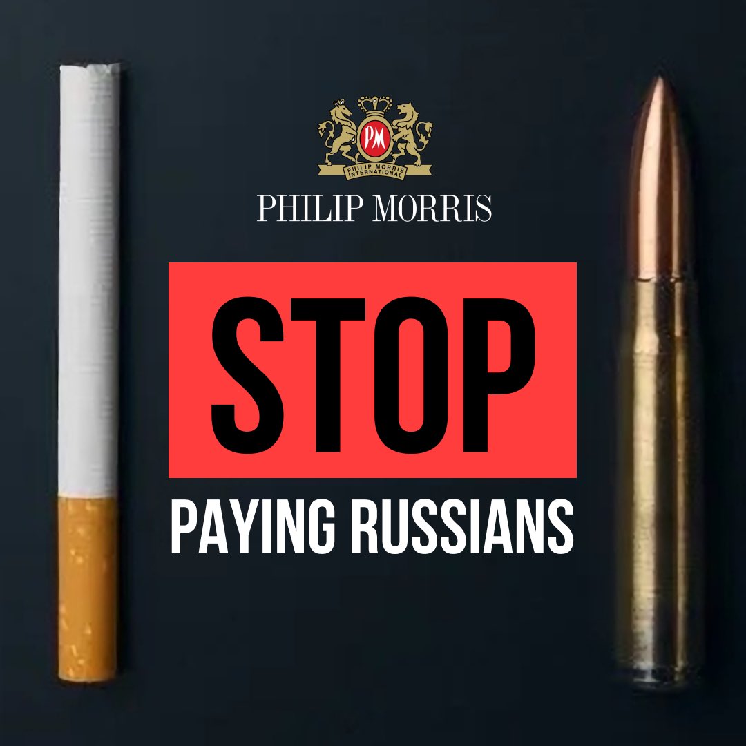 NoFightTomorrow's tweet photo. Stop Paying Russians @PhilipMorrisIN!
By continuing your work in Russia, you invest in the mass destruction of Ukraine and the deaths of thousands of people!#BoycottRussia #StandWithUkraine #RussianUkrainianWar #StopPutin #NoFightTomorrow #StopPutin #StandWithUkraine https://t.co/H15NjGY6uY