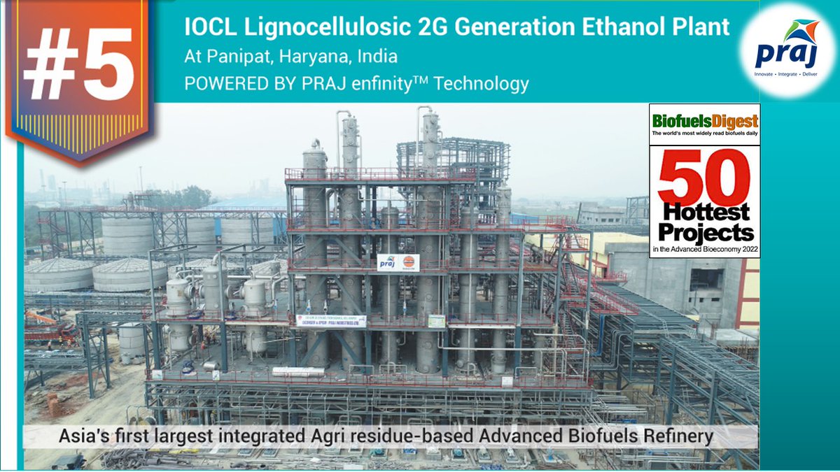 Praj's indigenously developed 2nd Gen enfinity (TM) technology based Lignocellulosic #Ethanol project being developed for IOCL at Panipat, received 5th Rank in Global Hottest 50 Projects in the Advanced Bioeconomy 2022. (1/2)
#GreenBioFuel #Fuelthechange #CircularBioeconomy
#E20