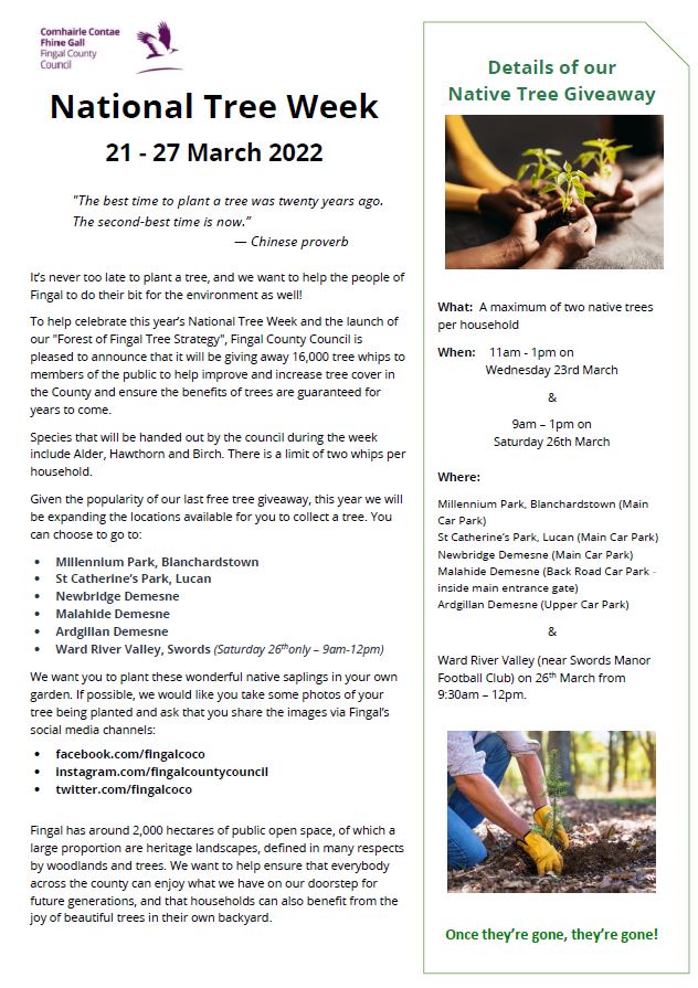 BaysideIn's tweet photo. Fingal CoCo is holding a Native Tree Giveaway in celebration of National Tree Week (21th-27th March). Check out where/when you could collect yours. https://t.co/Pk1ap8aBfQ
