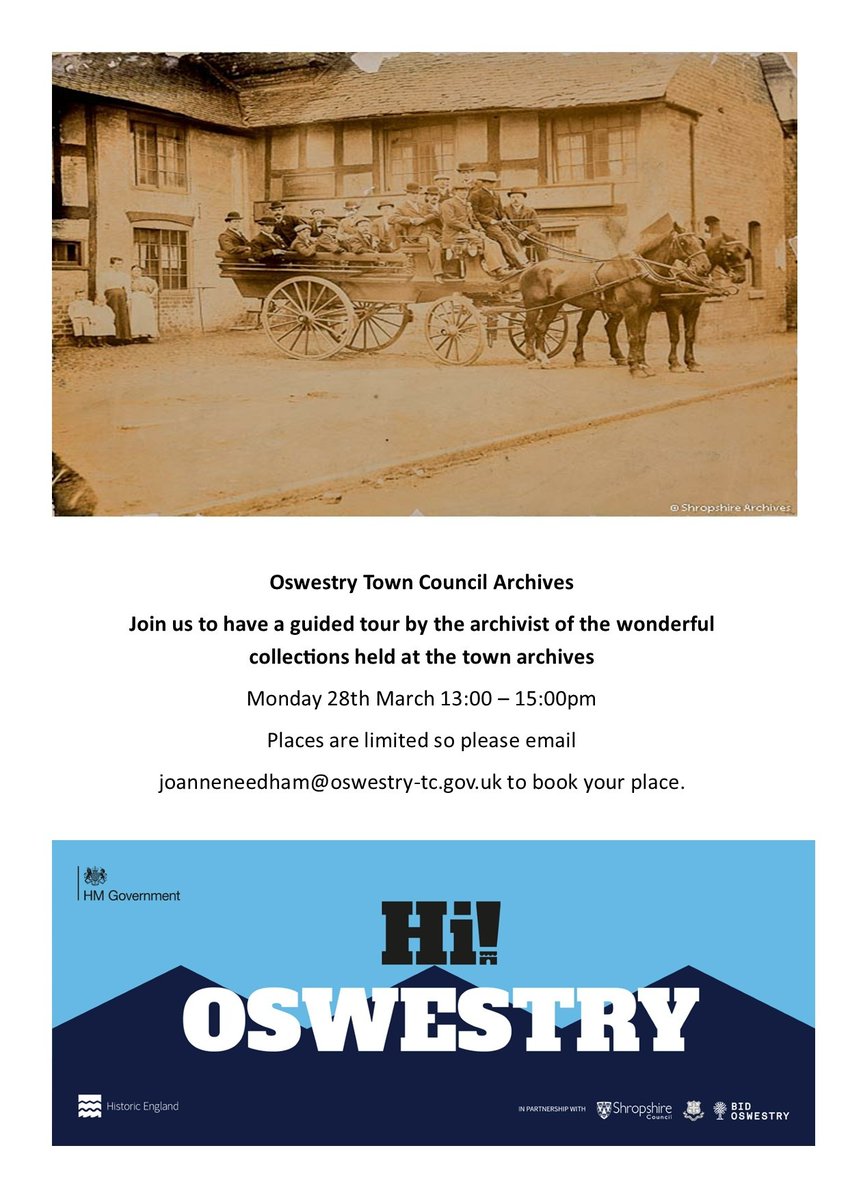 Attention all history buffs in Oswestry!

A guided tour of <a href="/OswestryTC/">Oswestry Town Council</a> archives is on offer next Monday. 

The tour, given by the archivist, will be held between 1pm and 3pm on March 28th.

Places are limited so please book by emailing: joanneneedham@oswestry-tc.gov.uk
