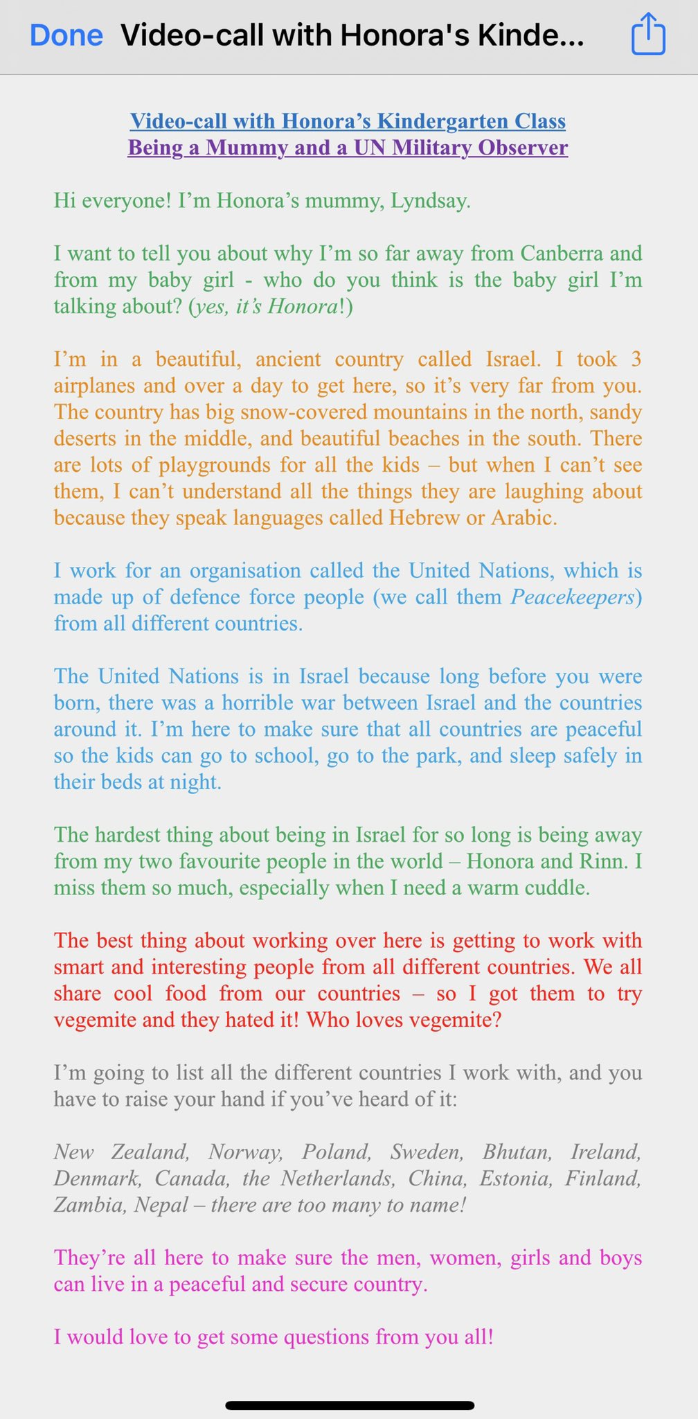 Lyndsay Freeman As Promised Here Is My Speech To My Daughter S Kindergarten Class On My Current Role As A Un Military Observer With Untso Any Advice Would Be Appreciated