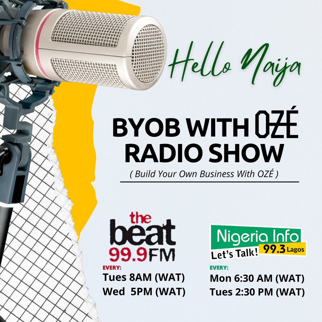 Oze (@oze) on Twitter photo Introducing the Build Your Own Business with OZÉ radio show! 🎉 Airing on
<a href="/thebeat999fm/">THE BEAT 99.9FM LAGOS</a> every Tuesday 8:00AM WAT, Wednesday 5:00PM WAT and on
<a href="/nigeriainfofm/">Nigeria Info FM 99.3</a> every Monday 6:30 AM WAT and Tuesday 2:30PM WAT. Starting tuning in on the 21st March 2022! Don't miss it! #lagosradio Introducing the Build Your Own Business with OZÉ radio show! 🎉 Airing on
<a href="/thebeat999fm/">THE BEAT 99.9FM LAGOS</a> every Tuesday 8:00AM WAT, Wednesday 5:00PM WAT and on
<a href="/nigeriainfofm/">Nigeria Info FM 99.3</a> every Monday 6:30 AM WAT and Tuesday 2:30PM WAT. Starting tuning in on the 21st March 2022! Don't miss it! #lagosradio