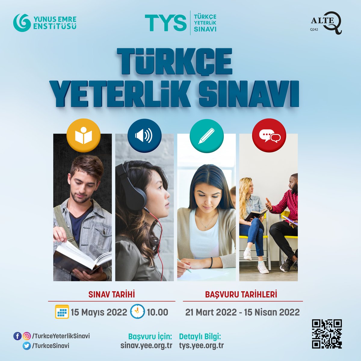 yeeorgtr's tweet photo. Türkçenin ALTE onayını alan uluslararası geçerliğe sahip ilk ve tek dil sınavı #TürkçeYeterlikSınavı (TYS) başvuruları başladı!
Sınav Tarihi: 15 Mayıs 2022
Başvuru Tarihleri: 21 Mart 2022-15 Nisan 2022
Detaylı bilgi için: https://t.co/ieWs3VCS1q
#tys #türkçeyeterliksınavı #alte https://t.co/KEsuS3SA2d