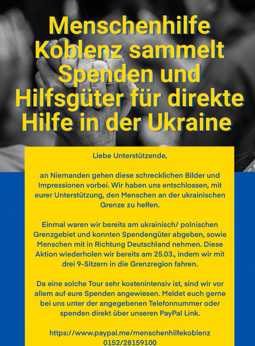 Wir fahren am Freitag nach Polen, um unkompliziert und pragmatisch zu helfen.

Machen wir es kurz. Wir brauchen Geld.
Wer unterstützen will, hier entlang.
schaengelland.de/ankuendigungen…

#tuskoblenz pic.x.com/Uay5DWW2bU