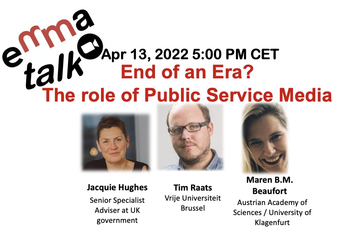 emma_assoc's tweet photo. 🚩Attention PSB scholars and those interested in public service media 🚩 The next #emmaTalk is going to be held on April 13 (Wed) at 5 pm CET, and we have an excellent line-up of speakers! Mark the date in your calendars! 😀DM @emma_assoc for Zoom link details https://t.co/bkQtZ84nEp