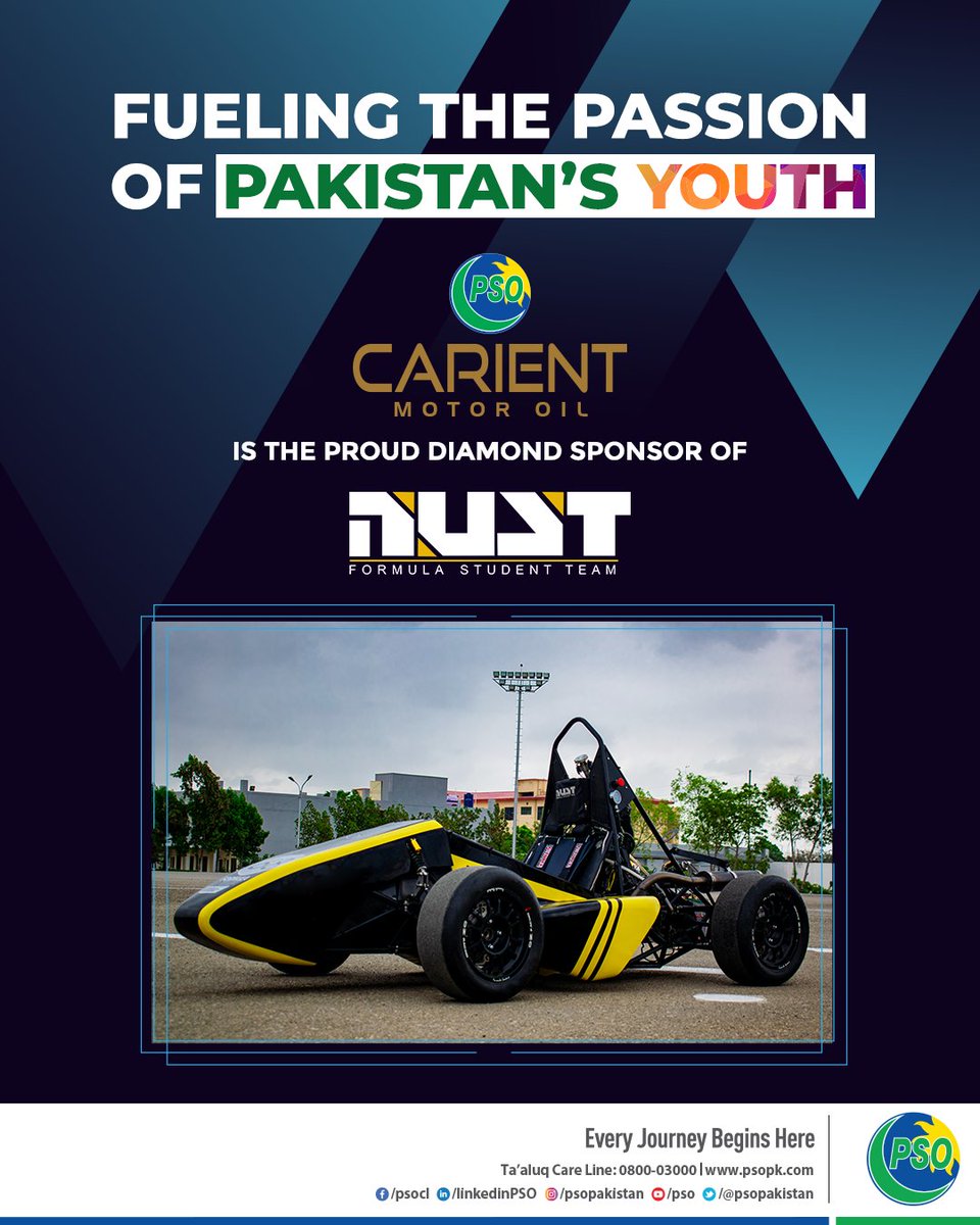 PSOPakistan's tweet photo. PSO Carient Motor Oil is the proud Diamond sponsor of Nust Formula Student Team. This support is aimed to encourage the youth of Pakistan to chase their passion in a technology-driven world
#PSO #NFST #NUST #EveryJourneyBeginsHere #PSOCarient https://t.co/HvT7pK3sFh