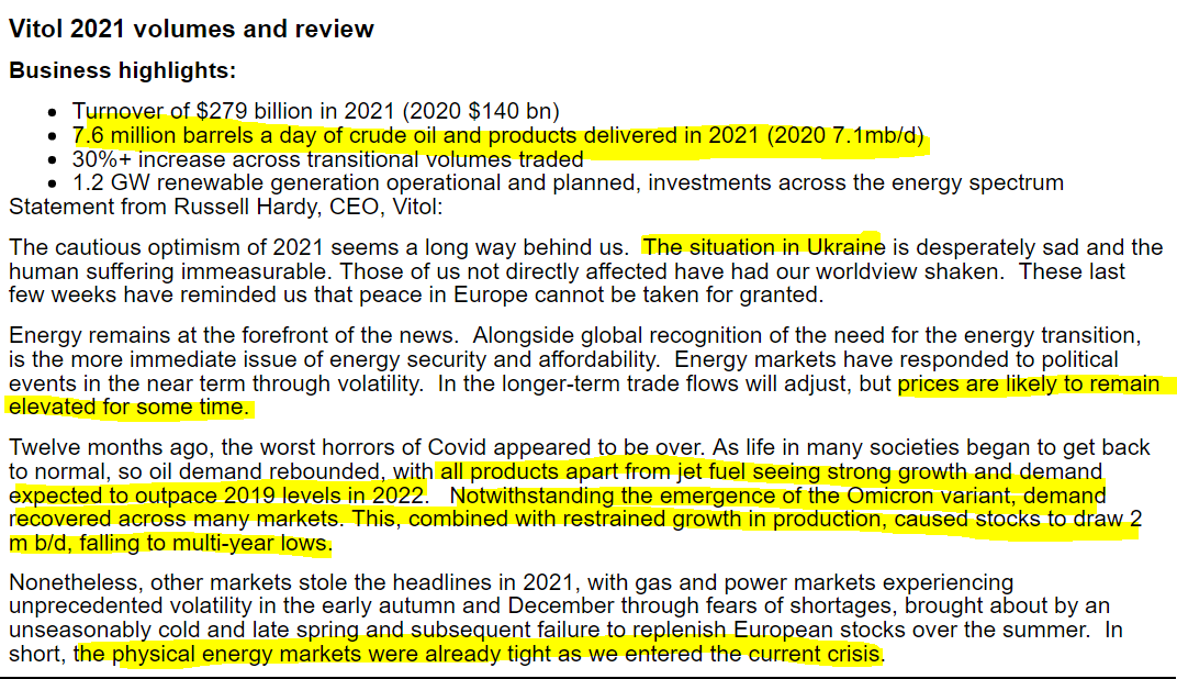 COMMODITY TRADING: Vitol, the world's top independent oil trading house, has published its annual statement. The main bits are reproduced below (my own highlights). Personal comment: all of the words "situation" doesn't even come close to describe the Russian invasion of Ukraine
