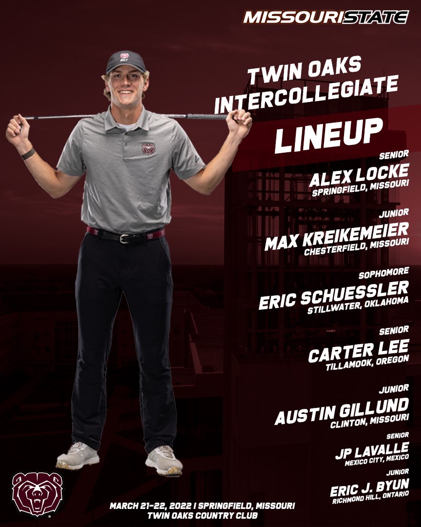 Home game!

🏆:  Twin Oaks Intercollegiate 
🏫:  @MSUBearsGolf 
⏰:  8:30a cst.
📍:  Springfield, MO
⛳️:  Twin Oaks Country Club
🌥:  High of 68, SE wind 15-20 mph
📱:  birdiefire.com/tournament/890…
🎥:  instagram.com/msubearsgolf/