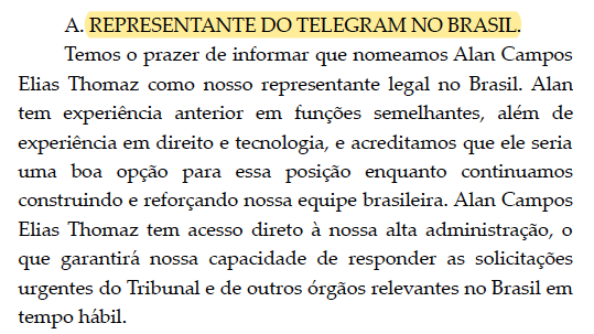 caffsouza's tweet photo. O que o #Telegram disse para que o STF suspendesse a ordem de bloqueio? Primeiro a empresa indicou um representante no Brasil. É um advogado que passa a receber todas as intimações direcionadas ao app. O mais interessante vem a seguir, com as medidas de combate à desinformação + https://t.co/NPMRBvx5BS
