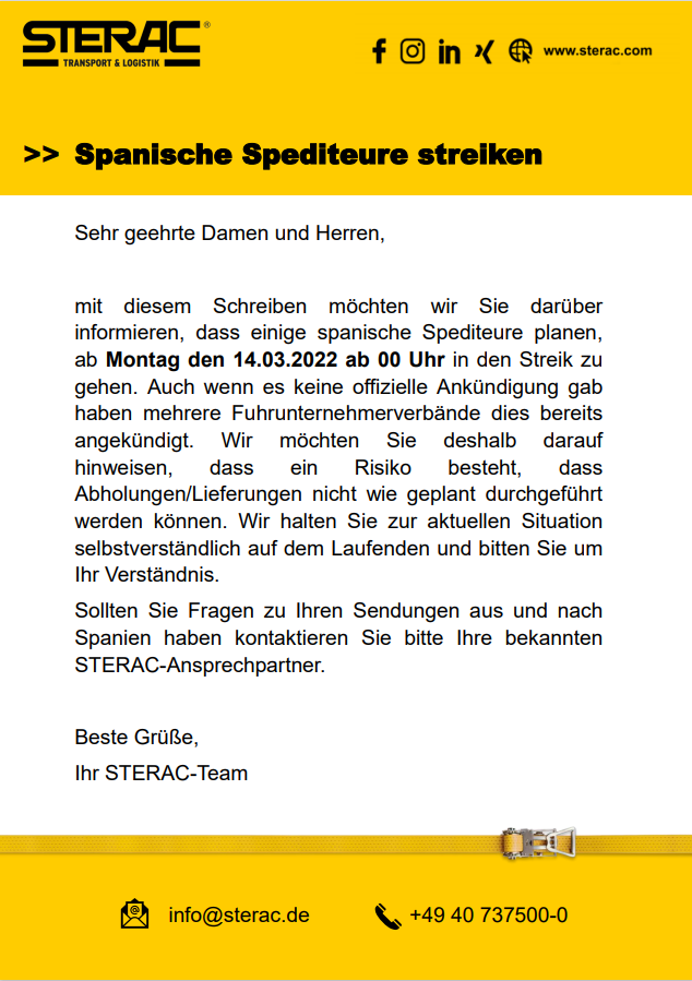 🆕Für die aktuelle Lage in Spanien ist noch kein Ende abzusehen. Derzeit spitzt sich die Situation seit Montag den 14.03.22 in einigen Regionen zu.  Wir bitten daher weiterhin um Ihr Verständnis, dass es zu Verzögerungen Ihrer Sendungen kommen kann.