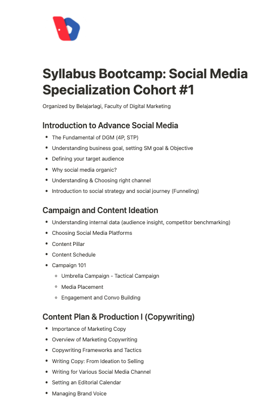 MFaizGhifari's tweet photo. Kami lagi bikin kurikulum untuk Social Media Specialization Bootcamp, dilaksanakan selama 3,5 Minggu / 12 Pertemuan

Materinya dari Frameworks, Copywriting, KOL Management, analytics, deep dive channels: Twitter, IG, Tiktok, &amp; Linkedin

Siapa aja nih yg tertarik ikutan? https://t.co/a2CZ7dMaBu