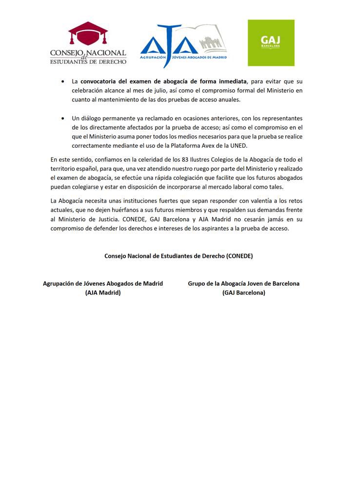 GAJBarcelona's tweet photo. 📣 Desde @GAJBarcelona, @AJA_Madrid y @CONEDE exigimos la convocatoria inmediata del Examen de Abogacía por el Ministerio de Justicia.

❌ Cerca de 10.000 futuros abogados están pendientes del retraso en la convocatoria de este año 2022. https://t.co/ZwXiz1DyzD