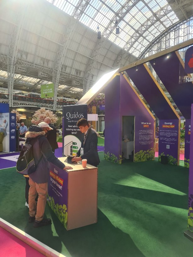 Quidos's tweet photo. Last week at the Ideal Home Show! Come and see us on our stand with NatWest if you get the chance for any energy efficiency advice.

#idealhomeshow #energyefficiency #netzero https://t.co/Ye86grO7jg