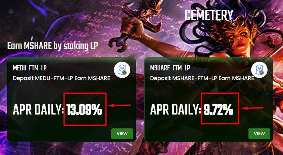 🐍🐍 APR TRACKING 🐍🐍
 
APR - Annual Percentage Rate shows you your current profits of your investment. 
 
📍 APR with MEDU FTM-LP:
・Daily APR: 13.09%
・Payback Period: 7.6 Days
 
📍 APR with MSHARE-FTM LP:
・Daily APR: 9.72%
・Payback Period: 10.2 Days

#defi #MEDUSA #fantom