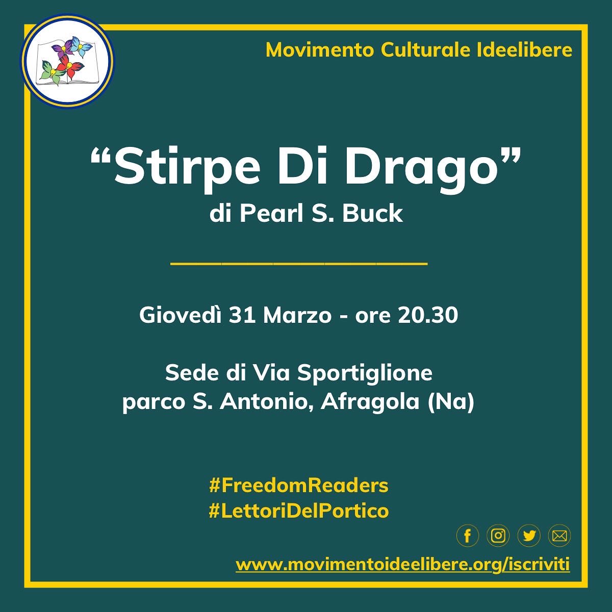 Movimentoidee's tweet image. Tornano gli incontri del nostro gruppo letterario!
Per la #lettura di questo mese abbiamo scelto "Stirpe di drago", di Pearl S.Buck: un capolavoro di grande attualità!
Ti aspettiamo il 31 marzo alle 20.30 per un'appassionante #cena con #dibattito! 😉📚

➡️ instagram.com/p/CbXRwNGL4e2/…