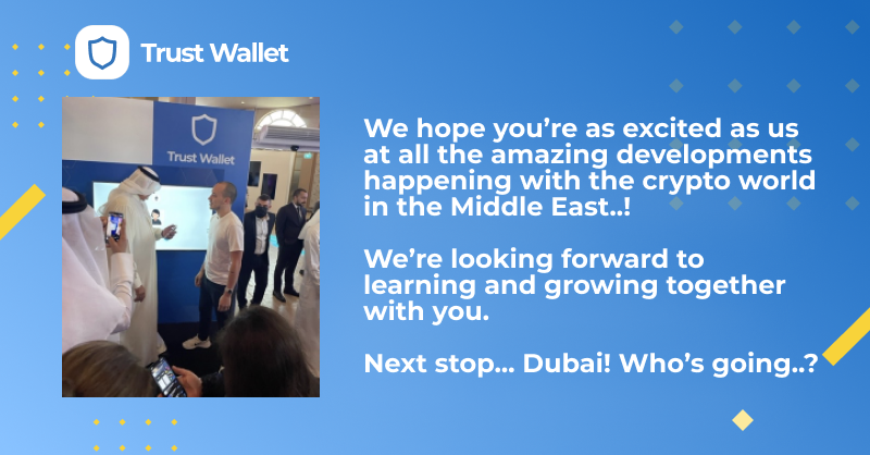 TrustWallet's tweet photo. We're around the Middle-East!

🇧🇭 Bahrain ✅
🇦🇪 Dubai #BinanceBlockchainWeek 🔜