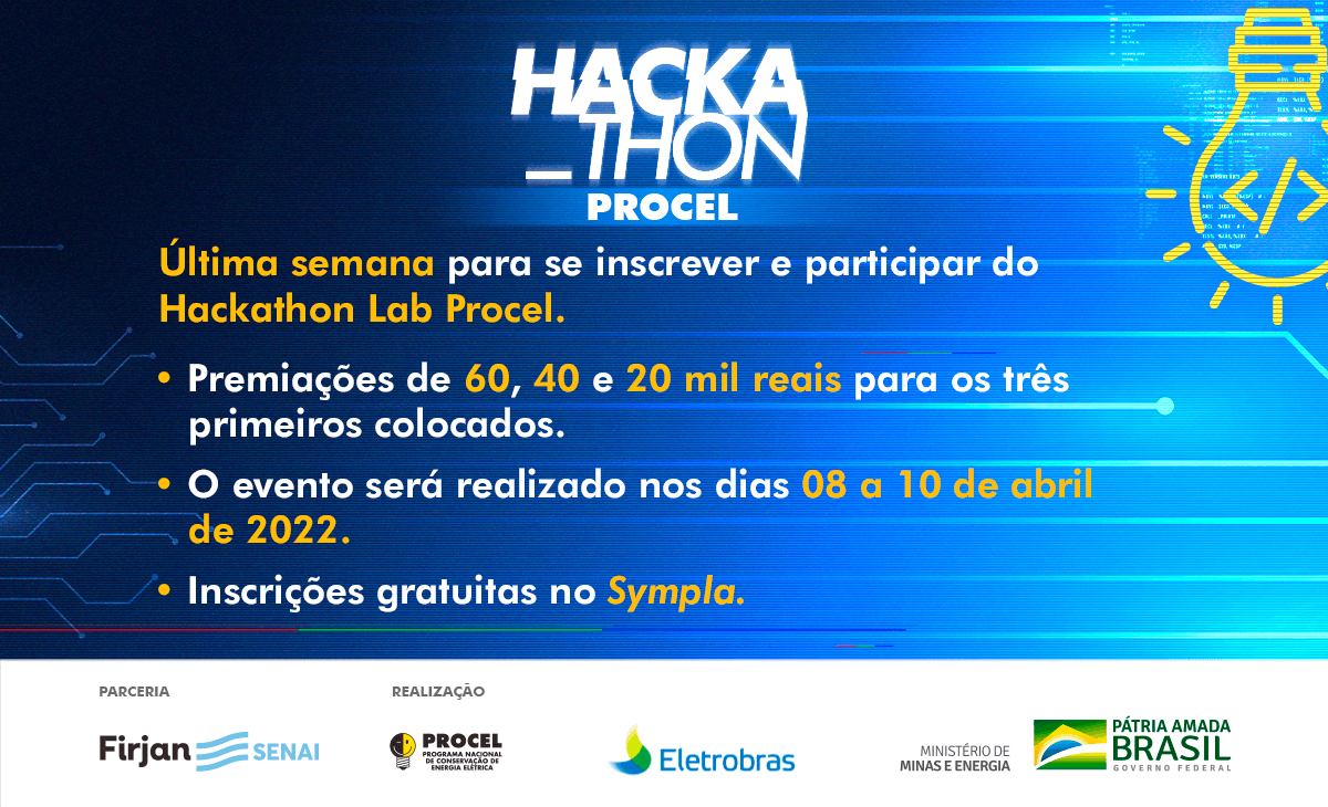 axiaenergiaof's tweet photo. Inscreva-se até 28/03 no Hackathon #Procel, competição on-line voltada a ferramentas para eficiência energética, que irá distribuir prêmios de até R$60 mil para as equipes vencedoras. Saiba mais em https://t.co/7EBnPACmlm
#Eletrobras #EficiênciaEnergética #Firjan https://t.co/Xzer7RQ19r