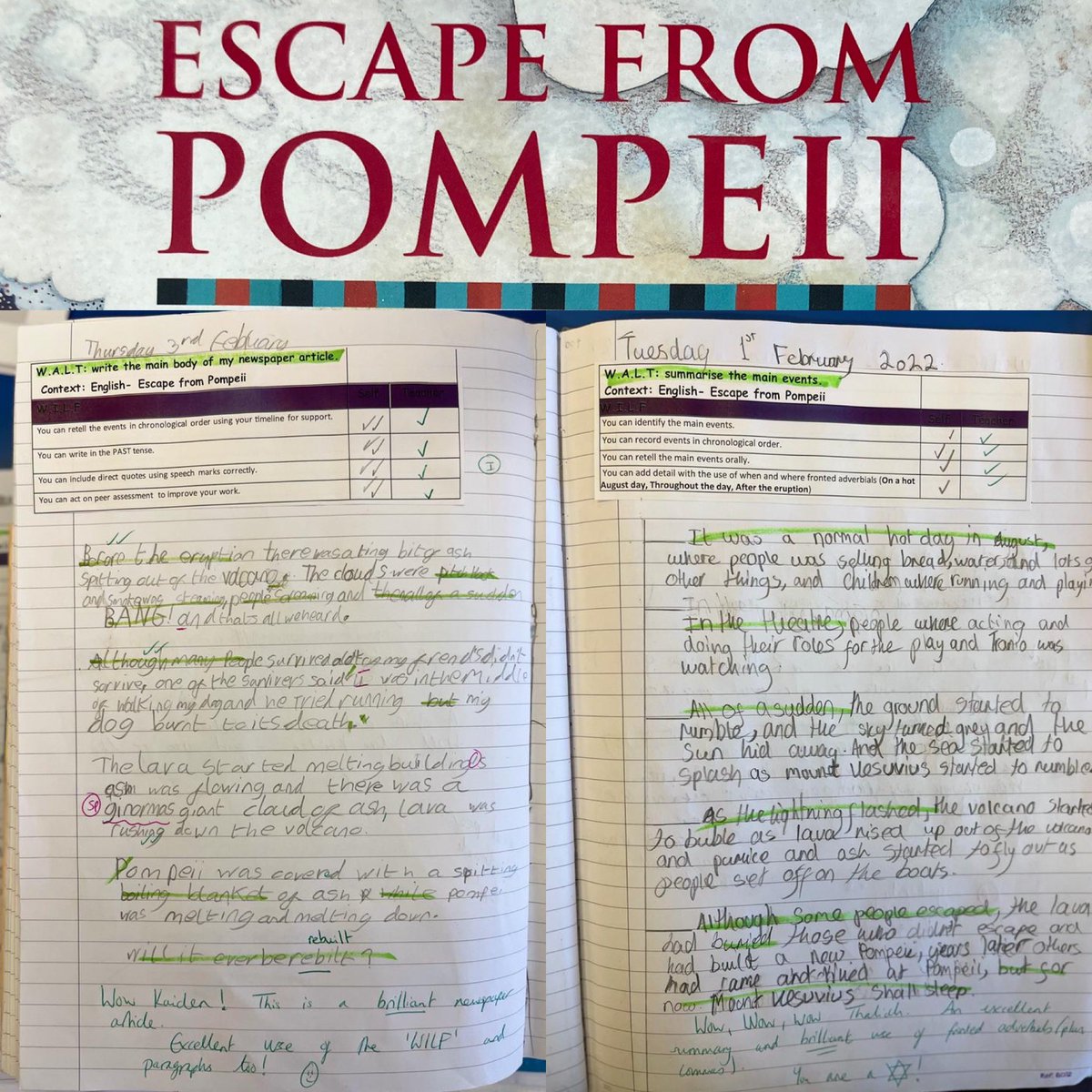 theliteracytree's tweet photo. Marywood Centre (@COBSPRU ) have been using Escape from Pompeii and the children were so proud of their final outcomes! They were so immersed in the text that they also produced some cross-curricular artwork inspired by the setting and the volcano and we think they’re great! https://t.co/ZuCt7OtH7w