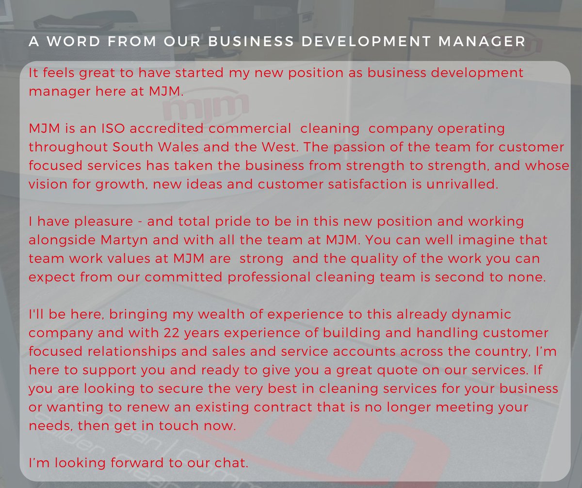 mjmcardiffclean's tweet photo. If you've missed our announcements on social media in the last week we have a new Business Development Manager, Daune Bateson.
We took time to sit down with our new business development manager and here's what he had to say...
#MJMCleaning #ConsiderItClean https://t.co/Ca8DWqTWUW