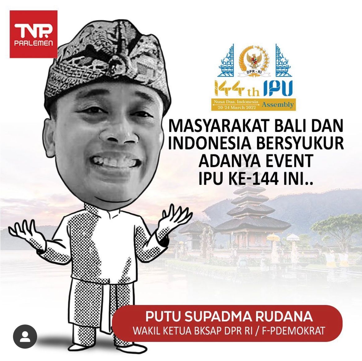 PutuSupadma's tweet photo. Momentum untuk bangkit bersama kembali. Dari Bali, Indonesia untuk perdamaian dunia. Love and peace @IPUparliament 
#IPU144 #ZeroEmission #StopClimateChange https://t.co/DiHFps7SwC