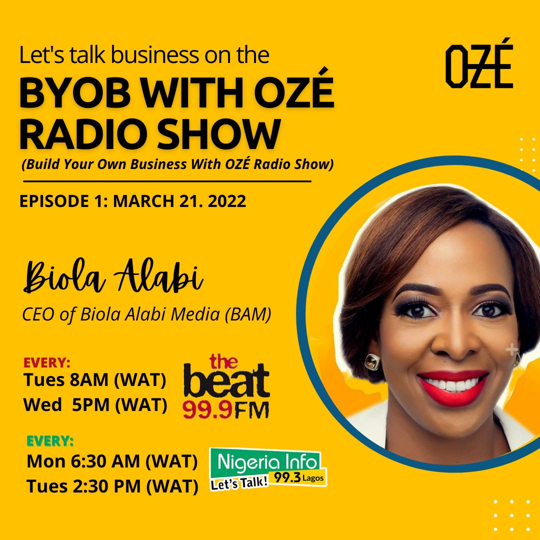 Oze (@oze) on Twitter photo Join Biola Alabi this week on <a href="/thebeat999fm/">THE BEAT 99.9FM LAGOS</a> Tuesday 8:00AM WAT, Wednesday 5:00PM WAT and on <a href="/nigeriainfofm/">Nigeria Info FM 99.3</a> Monday 6:30 AM WAT and Tuesday 2:30PM WAT. Don't miss it! #lagosradio #oze #afrotech Join Biola Alabi this week on <a href="/thebeat999fm/">THE BEAT 99.9FM LAGOS</a> Tuesday 8:00AM WAT, Wednesday 5:00PM WAT and on <a href="/nigeriainfofm/">Nigeria Info FM 99.3</a> Monday 6:30 AM WAT and Tuesday 2:30PM WAT. Don't miss it! #lagosradio #oze #afrotech