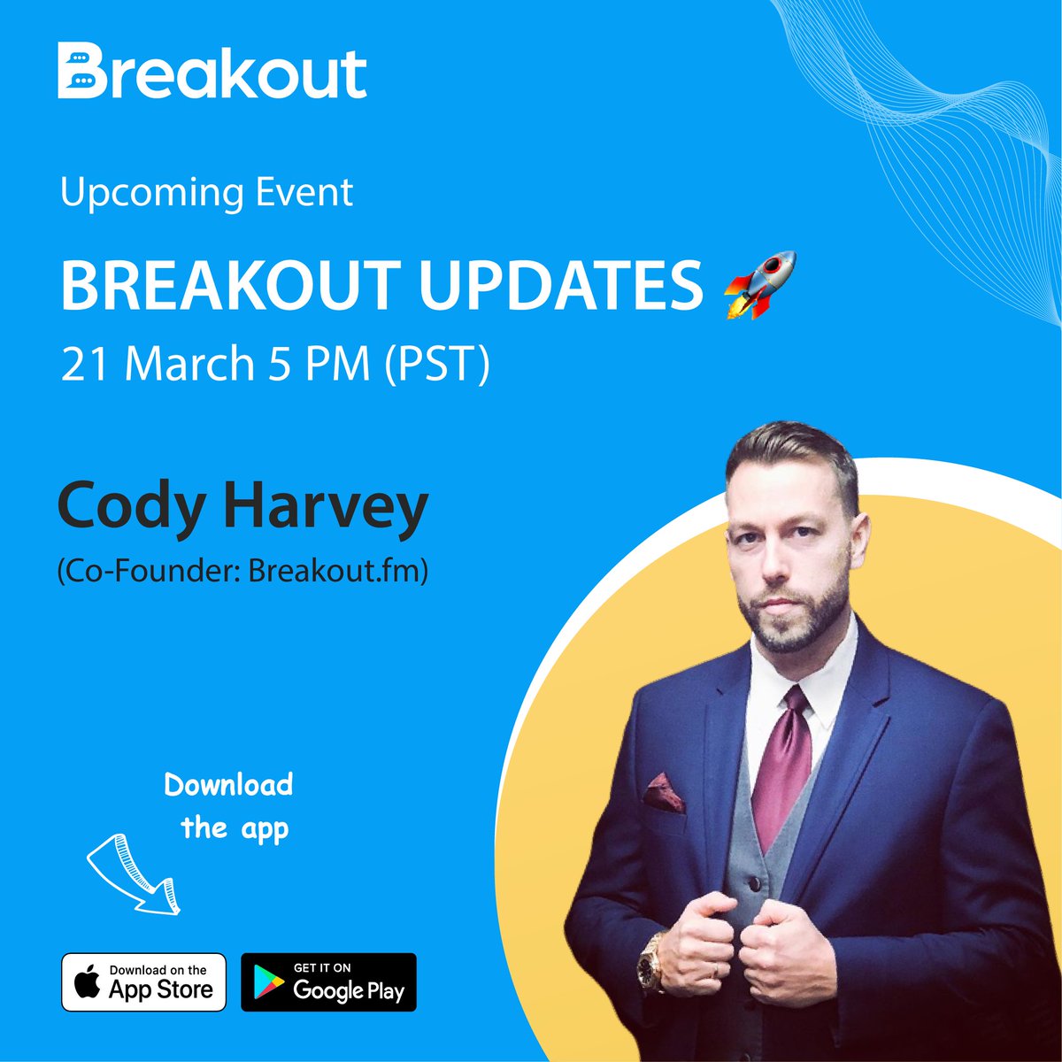 Join @codyharvey_ on Breakout App today! 🥂

RSVP here: web.breakout.fm/r/t2r22374t2

#BreakoutAudio #AudioRoom