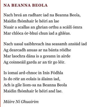 Nach breá an radharc iad na Beanna Beola 
(Na Beanna Beola - Máire Ní Ghuairim) 
'Nach uasal uaibhreach ina seasamh ansiúd iad
Ag dearcadh anuas ar na bánta réidhe
Mar laochra dána is a gceann in airde
Ag coinneáil garda ar an tír go léir.
#WorldPoetryDay #Connemara #GreenButton
